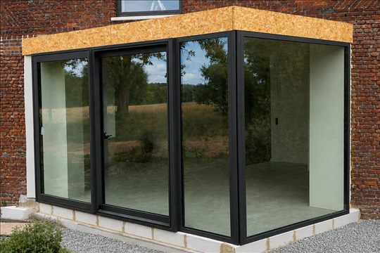 Baie vitrée coulissante d'angle en aluminium noir — Ellezelles